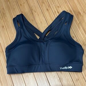 Yvette padded crisscross back sports bra. Size M+ (36 D E F) NWOT. Blue/grey.